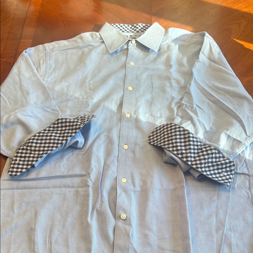 Men's Light Blue Button Down Shirt with Checkered Cuffs. Johnson & Murphy.